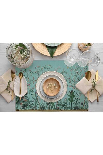 Adawall Turquoise Colored Floral Detailed Fabric American Service Set of 4 35x50cm