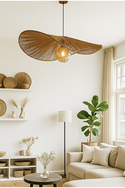 burenze Modern Tasarım Hasır Avize Rattan Boheme Avize Sarkıt 40 Cm Çap