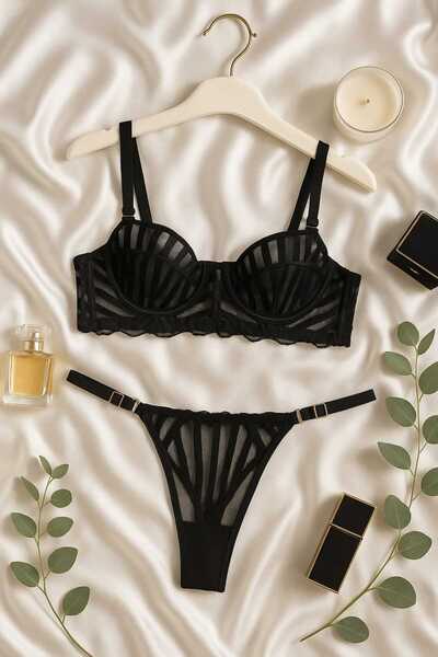 hepimiz alalım Set de sutien și tanga din dantelă transparentă neagră elegantă