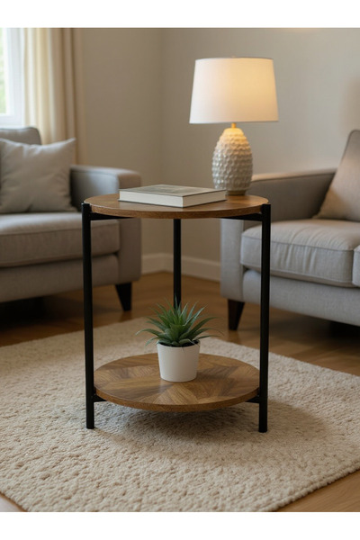 Living طاولة جانبية خشبية مستديرة ذات طبقتين مع أرجل معدنية ثلاثية