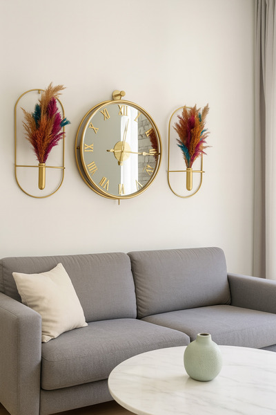 Mgs DUVAR SAATİ TİNATTİ GOLD 3LÜ SET DUVAR SAATİ ÇİÇEKLİK NOT: PAMPASLAR DAHİL DEĞİLDİR