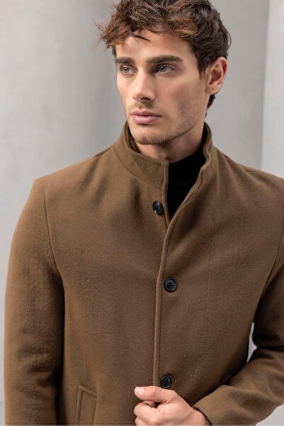 Valiberta Bertolucci Men's Cashmere Coat with Stand Collar, Fitted Cut, Fileto Pockets - Camel