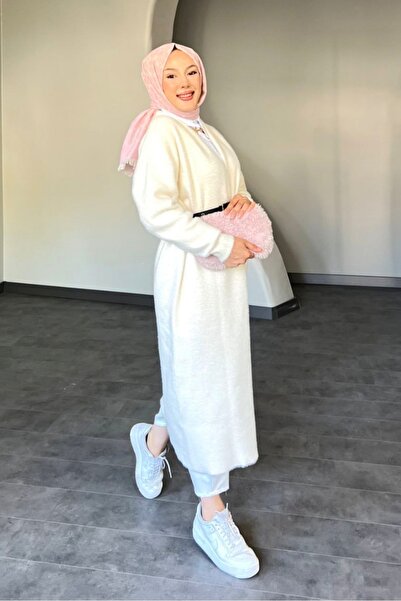 Safgiyim44 Angora Long Belted Cardigan Cream