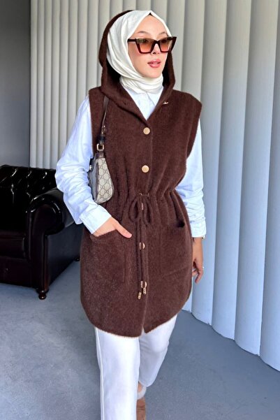 Safgiyim44 Angora Pocketed Waist-Tied Vest Brown