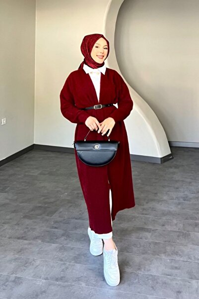 Safgiyim44 Angora Long Belted Cardigan Burgundy