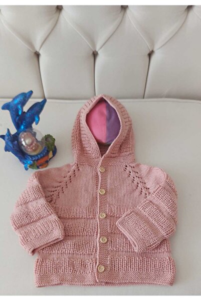 BEGİN Pink Color Gift Hand Knitted Cotton Hooded Baby Cardigan 0 - 1 Years Old