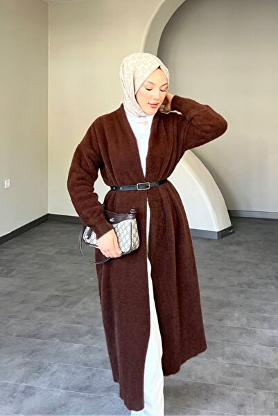 Safgiyim44 Angora Long Belted Cardigan Brown