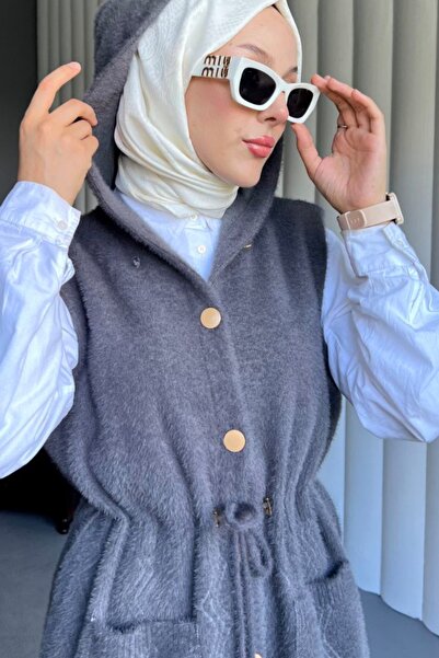 Safgiyim44 Angora Pocketed Waist-Tied Vest Gray