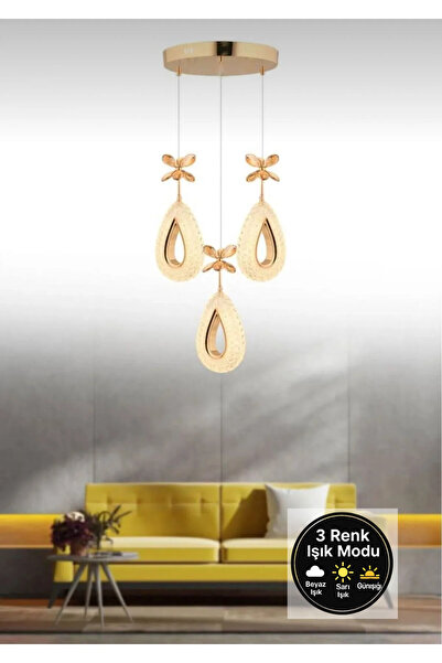 Litra Lighting Damla Model 3'lü Gold 3 Renk Modu Ledli Kristal Taşlı Modern S...