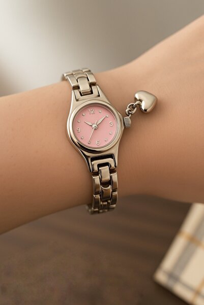 Arzu Butik Minimal Women's Wristwatch – Pink Dial, Elegant Silver Color Band, Stylish Design for Gift Giving