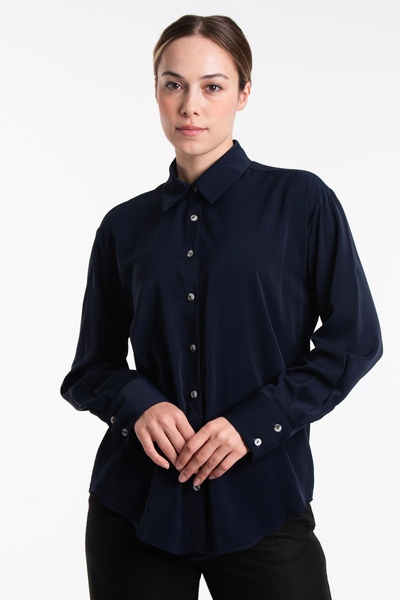 Cochines Γυναικείο μακρυμάνικο πουκάμισο σε μπλε ναυτικό ανοιχτόχρωμο oversized σατέν επιφάνειας