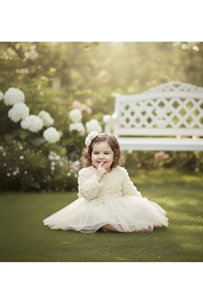 BİLGEN Style KIZ ÇOCUK EKRU RENK GÜL DESENLİ ÇIT ÇIT FİYONK LU ŞIK ÖZEL GÜN ABİYE ELBİSE %100 PAMUK 0-5 YAŞ