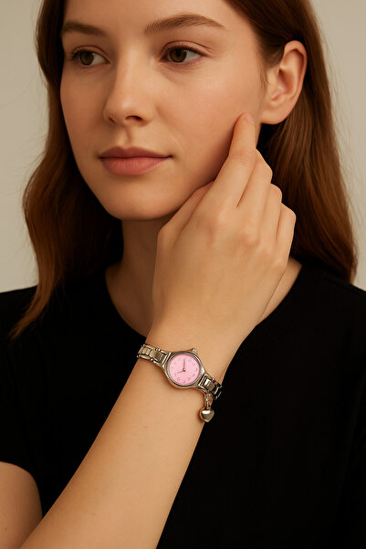 Arzu Butik Minimal Women's Wristwatch – Pink Dial, Elegant Silver Color Band, Stylish Design for Gift Giving