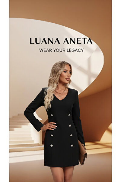 LUANA ANETA Elbise Şık V Yaka Uzun Kollu Dekoratif Düğmelerle Kadın