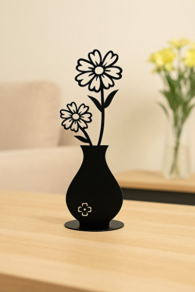 VENON Vazo Çiçek PAPATYA Metal 13x30 Dekoratif Obje – Siyah Masa Üstü Süs Dek...