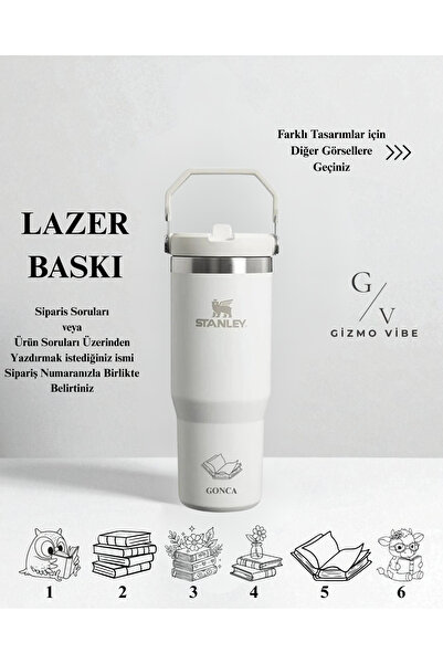 Stanley Kişiselleştirilmiş The Iceflow Flip Straw Pipetli Termos 0,89 L Özel Isimli/Tasarımlı Beyaz