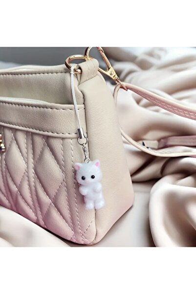 Hello Kitty Telefon İpi Beyaz Tüylü Kedicik Telefon Askısı