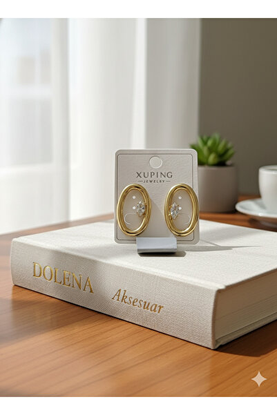 Çelik Xuping Lüks Gold Kaplama Oval Halka Tek Taş Zirkon Detaylı Kadın Küpe