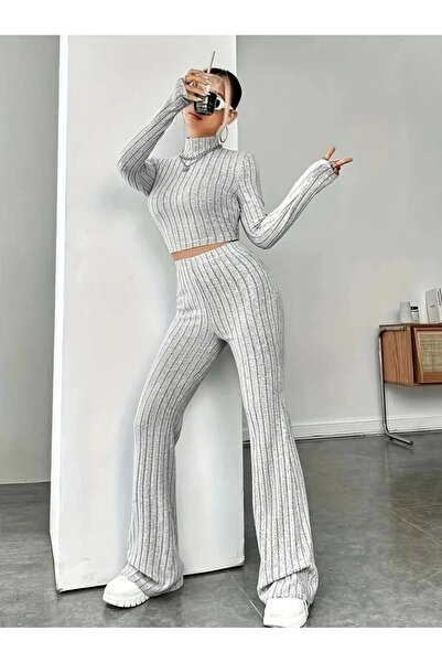 buHillco Gray Long Sleeve Turtleneck Ribbed Crop Top and Pants Women's Top and Bottom Set