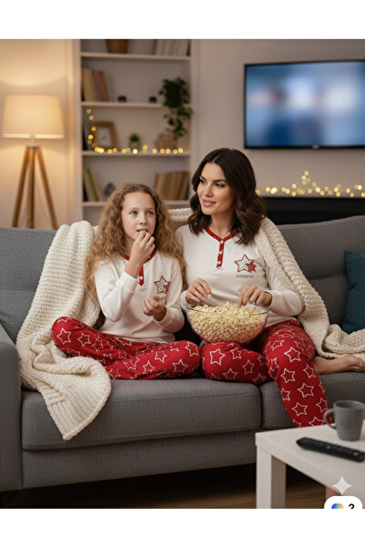 Şimo Butik Anne Kız Pijama Takımı İnterlok Kumaş %100 Pamuk Uzun Kollu Kışlık Yıldızlı Kırmızı Beyaz