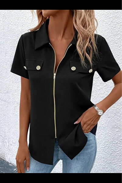 ARONA Mdb Women's Short Sleeve Jacket Collar-Front Zipper Pocket Detail Short Sleeve Imported Crepe Blouse