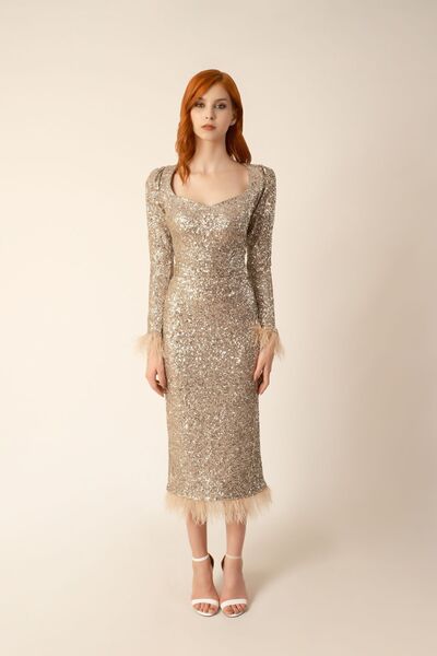 Beige Silver Sequin Ostrich Dress