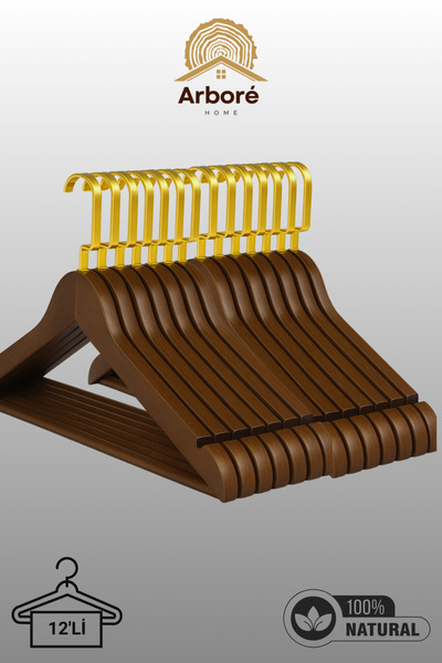 arbore home 12'li Premium Parlak Altın Lama Kancalı Ceviz Rengi Askı