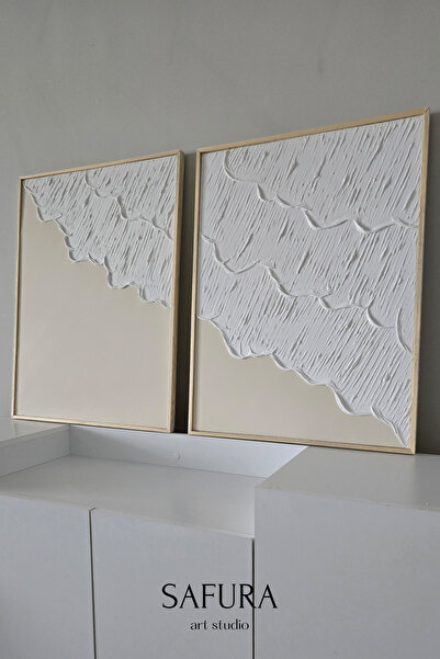 Safura Art Studio Dokulu Tablo – El Yapımı 3 Boyutlu Alçı Minimalist Doku, Modern Kabartmalı (Dalga No:1 - Çerçeveli)