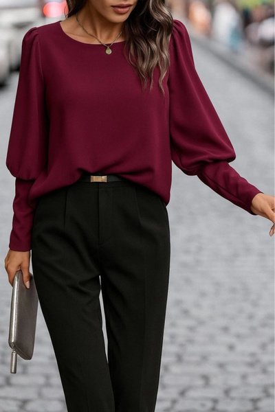 ARONA Mdb Women's Long Sleeve Round Neck Buttoned Imported Crepe Blouse