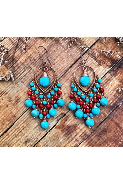 Birtakı'm Şeyler Bakır Tel Sarma Sıkma Firuze Ve Havlit Taşlı El Yapımı Küpe