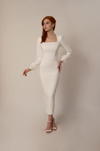 ElifNaz Kare yaka uzun beyaz elbise