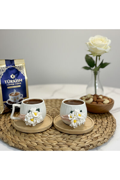 Niveis Ikili Kişiye Özel El Yapımı Tasarım Papatya & Yasemin Çiçeği Desenli Hediyelik Porselen fincan seti