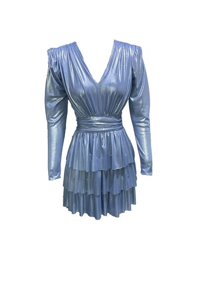 ElifNaz Parlak Metalik Bebek Mavi Plise Elbise