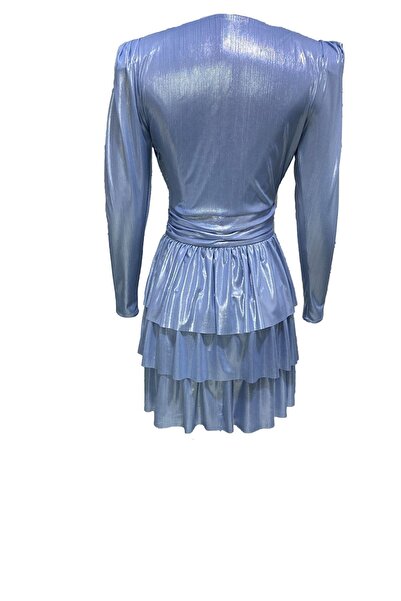 ElifNaz Parlak Metalik Bebek Mavi Plise Elbise