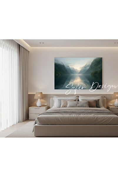 Safir Design Norveç Fiyort Manzaralı Kanvas Tablo | Sisli Dağlar ve Su Yansıması ile Huzur Veren Tablo