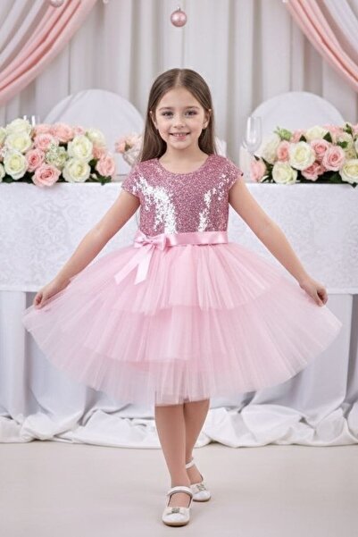 ABİYEKİDS فستان وردي للأطفال - كاتكات مطرز بالترتر و23nisan Aby182