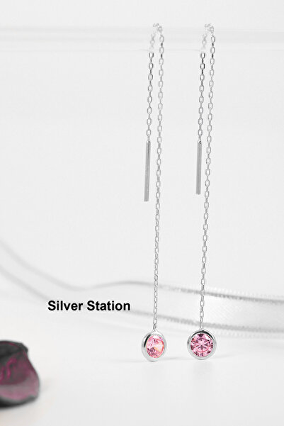 Silver Station Kadın 925 Ayar Gümüş Zincir Küpe, Tek Taş Küpe