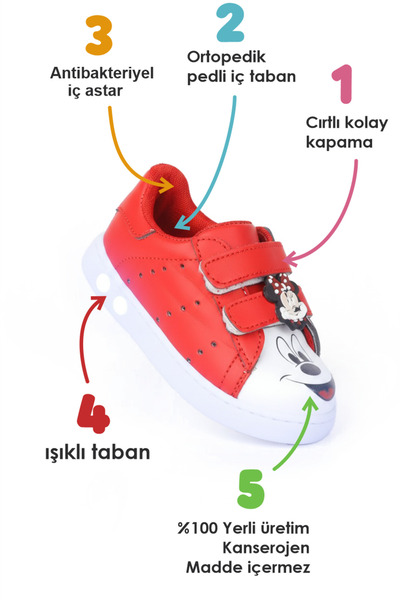 Süperland Ilk Adım Ayakkabısı Kız Bebek Ilk Adım Ayakkabısı Ortopedik Ilk Adım Ayakkabısı Işıklı Mickey Mouse