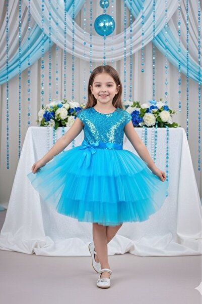 ABİYEKİDS Тюркоазена рокля - Многопластова с пайети - Детска вечерна рокля за...