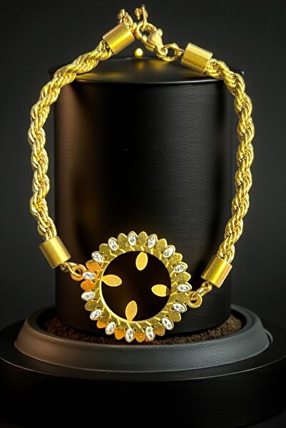 stainless steell Halat Zincirli Çeyrek Altın Çerçeveli Çelik Bileklik