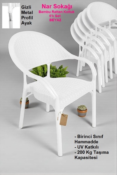 nar sokağı 6 Adet Bambu Rattan Kollu Sandalye Koltuk 6'lı Set