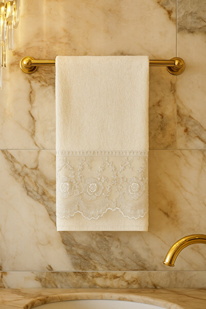 Çeyiz Bahçesi Κρέμα Τυρκουάζ Γαλλική Κορδέλα Βελούδινη Πετσέτα 50&90