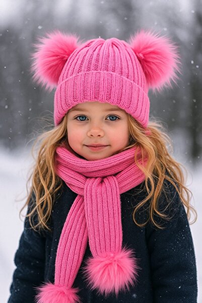 EXTRAÇARŞI Дівчача рожева шапка з подвійними помпонами та шарфом