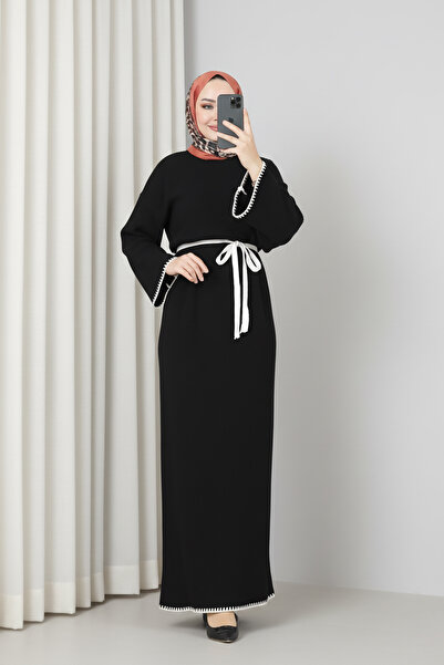MODAQU Fitilli Kuşaklı Triko Elbise - Siyah