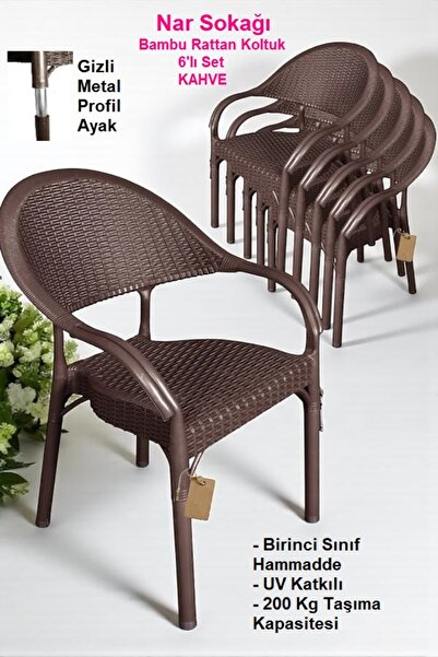 nar sokağı 6 Adet Bambu Rattan Kollu Sandalye Koltuk 6'lı Set