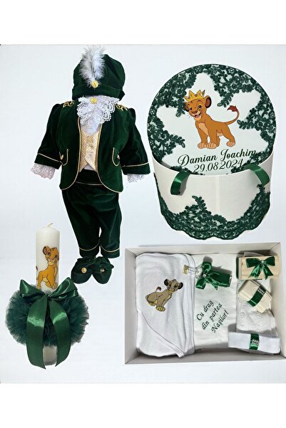 Botez Set Royal -verde, Regele Leu , catifea si cufar
