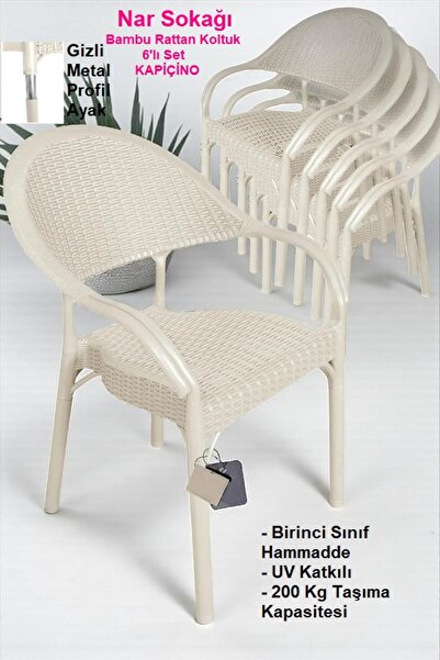 nar sokağı 6 Adet Bambu Rattan Kollu Sandalye Koltuk 6'lı Set