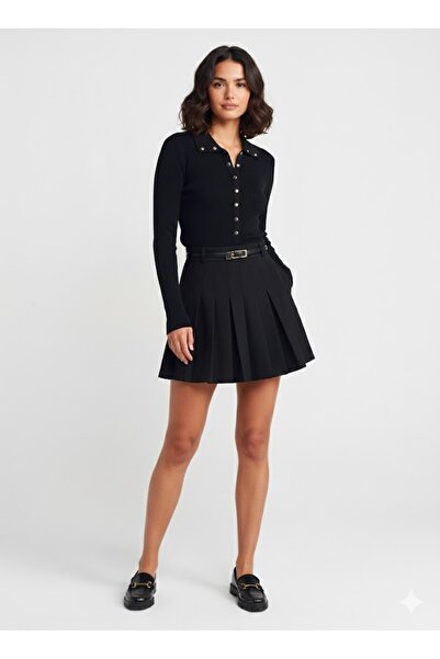 Dilvin 10686 Dik Yaka Çıtçıtlı Triko Kazak-BLACK