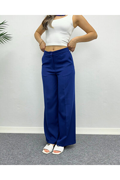 deqfashion Navy Blue High Waist Palazzo Fabric Trousers with Elastic Back Waist