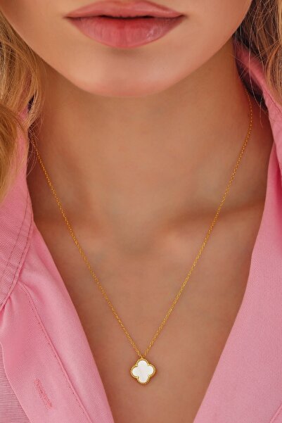 AcestesDesign Beyaz Sedef Taşlı Yonca Şans Model Tasarım 14 Ayar Altın Kaplam...